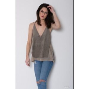 Zara Womens VNeck Sleeveless Layered Tank Top tan Small faux suede S Casual Chic